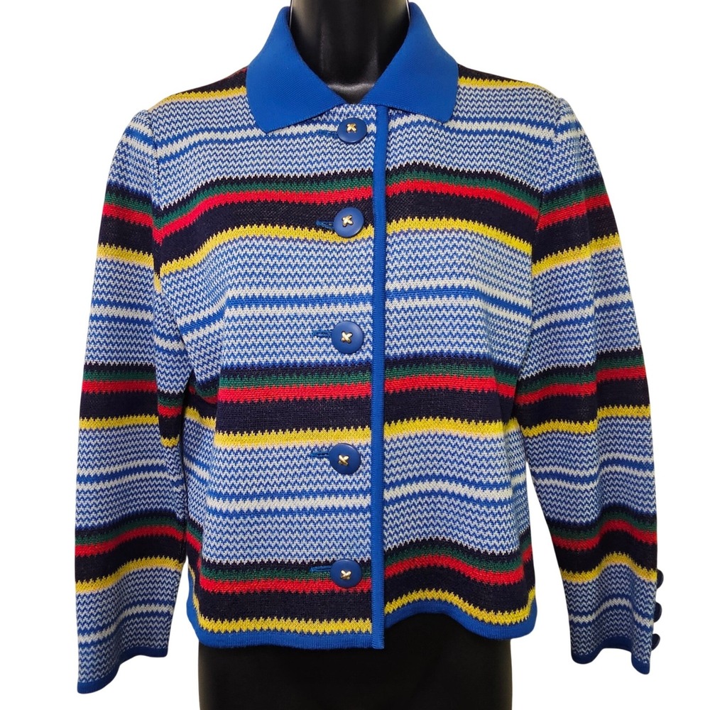 Vtg Yves Saint Laurent YSL Striped Button Cardigan M Nautical Snap Collar Lux - Picture 2 of 10